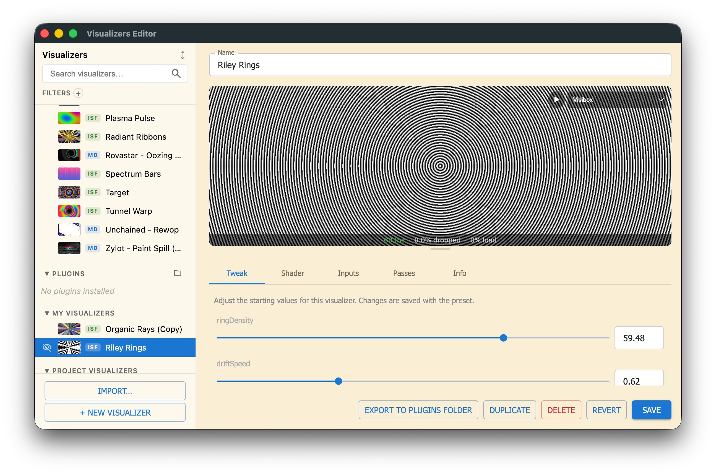 Visibox's Visualizers Editor Window